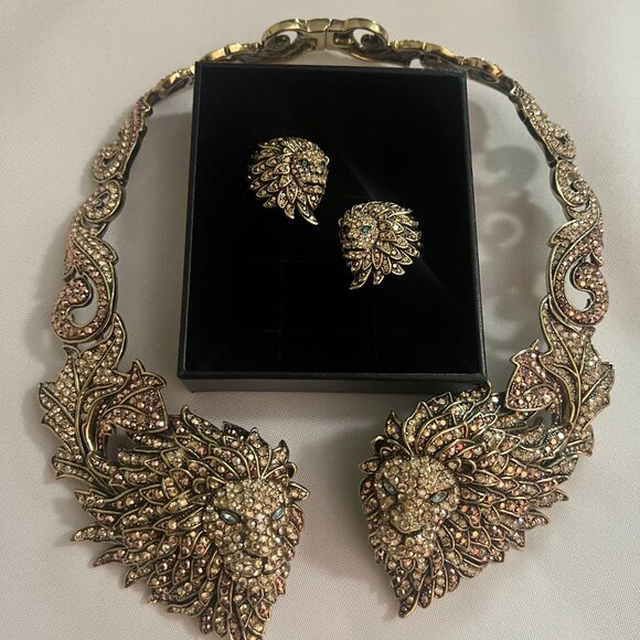 HEIDI DAUS Hear Me Roar Lion Swarovski Crystal Statement Necklace Gold &Earrings